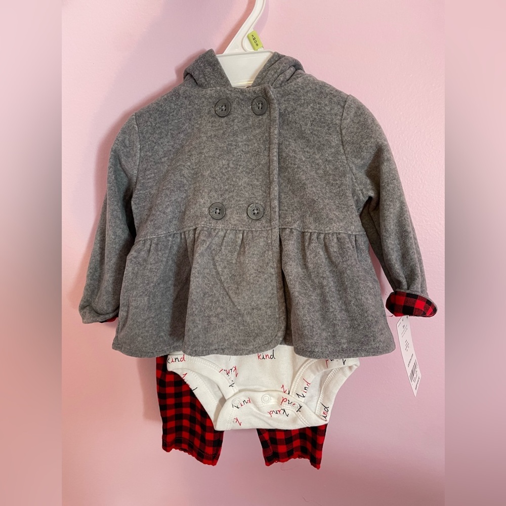 Carter's Baby Girl's 3-Piece Cardigan Clothing Set, 3m, Buffalo check/ grey